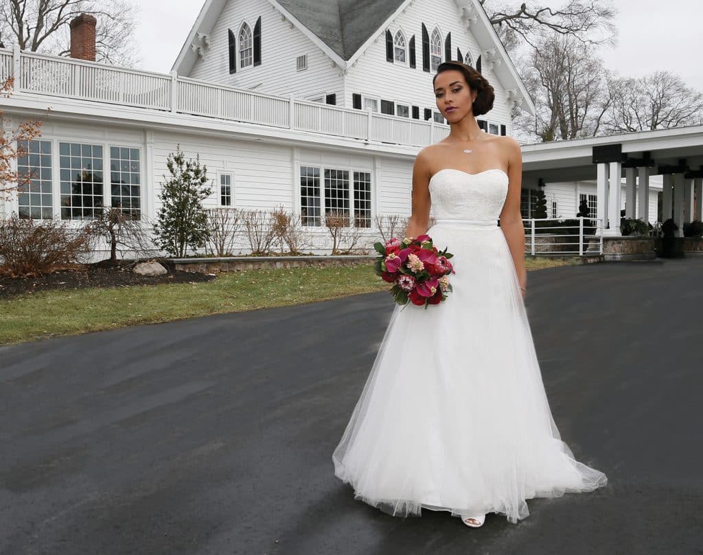 Gown: Antonio Gual at Tulle NY (Molly, $2,900), Ariston Flowers, Jewelry: KVO Collections