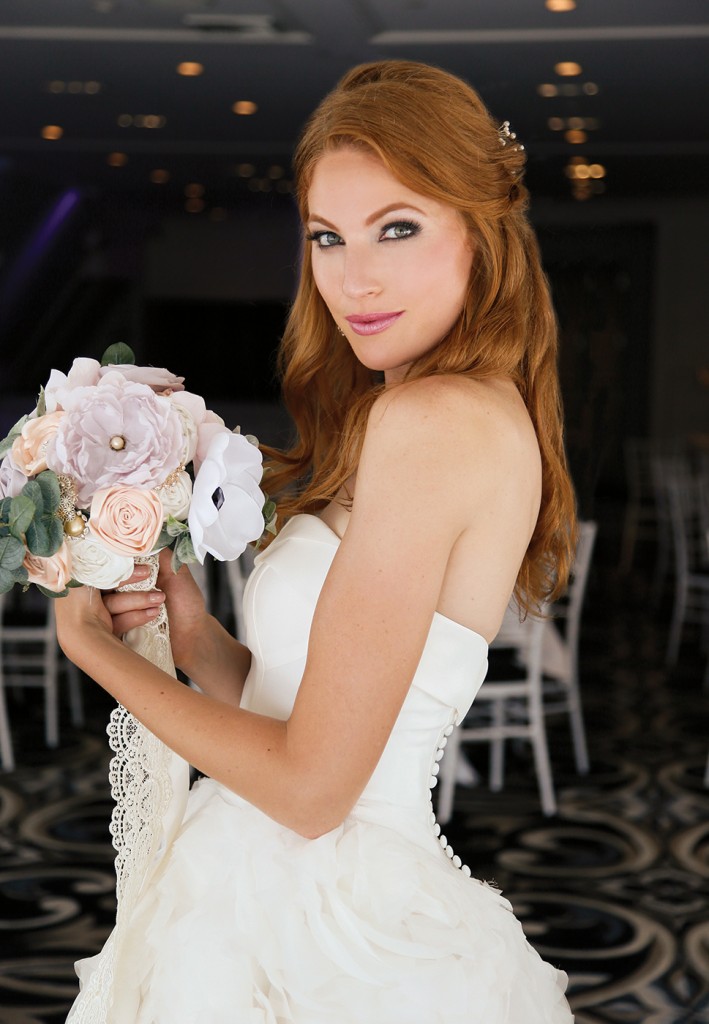 Gown-Oleg Cassini at David's Bridal (CWG805, $1,258), Forever Brooch Bouquets, Earrings-David's Bridal