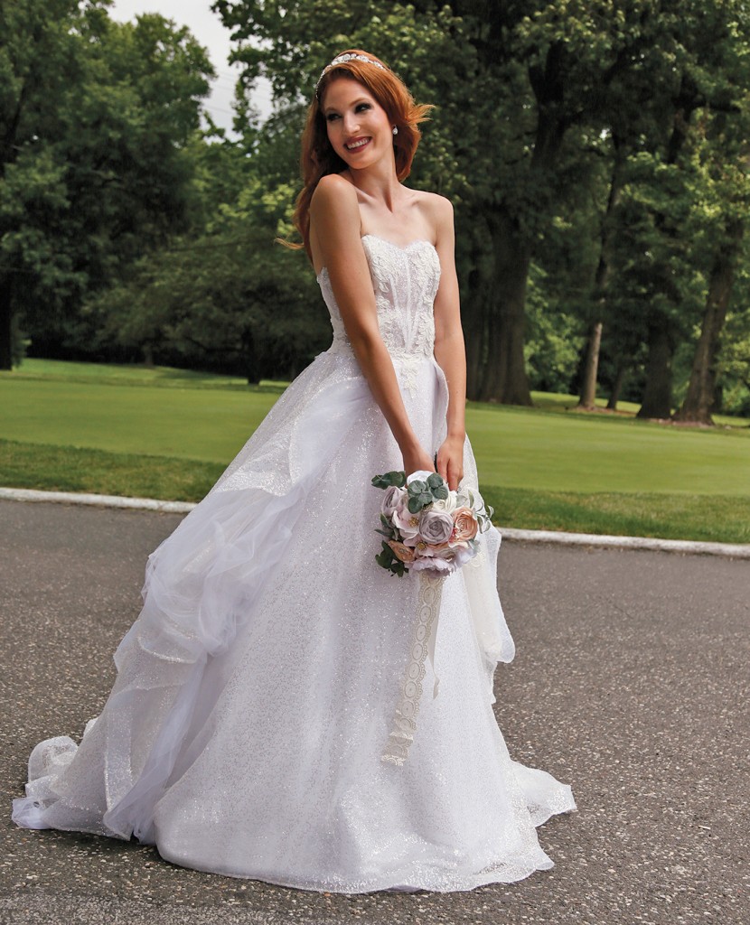 Gown-Lucia Rodriguez (White Tulle Sequins, $4,800), Forever Brooch Bouquets, Tiara-Lucia Rodriguez