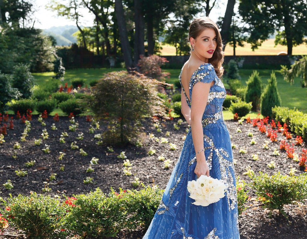 Gown-Lucia Rodriguez (Art Deco Blue Beaded Gown, $7,000), Ariston Flowers, Earrings-David's Bridal