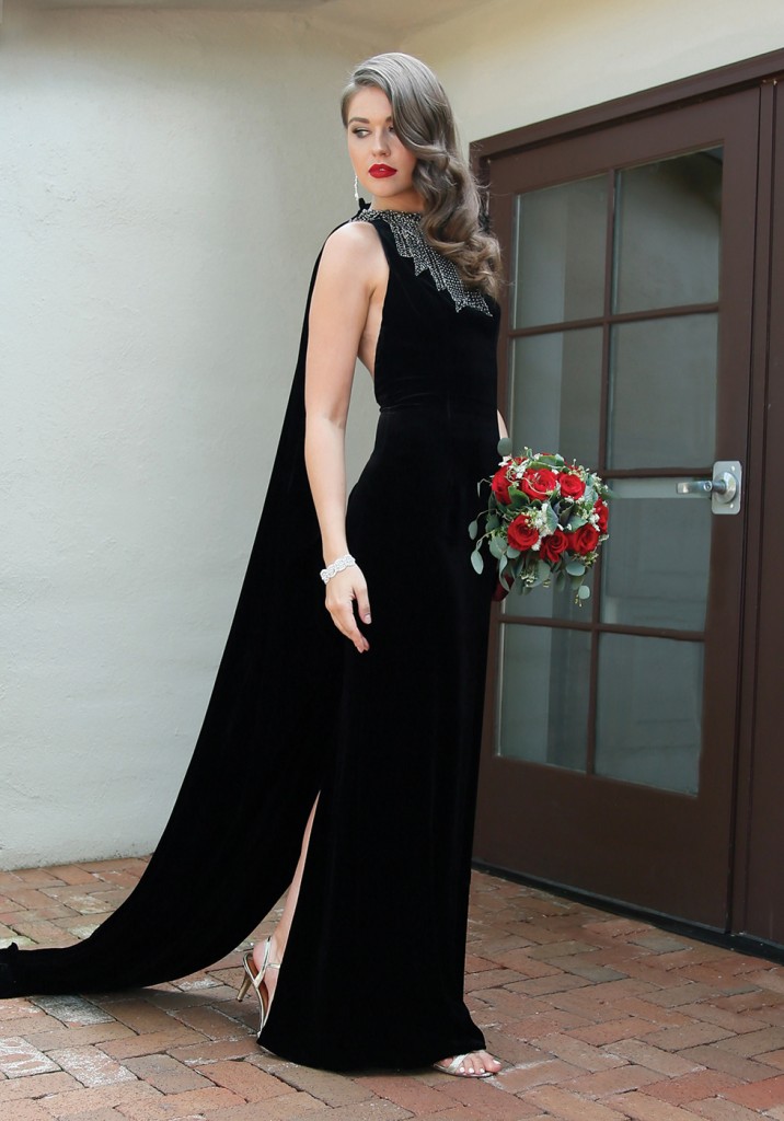 Gown-Lucia Rodriguez (Black Velvet Column Gown, $4,000), Henry's Florist, Earrings-David's Bridal