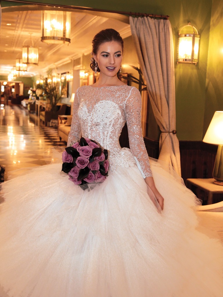 Gown: Lucia Rodriguez (Multi-Tiered Princess, $7800). Ariston Flowers