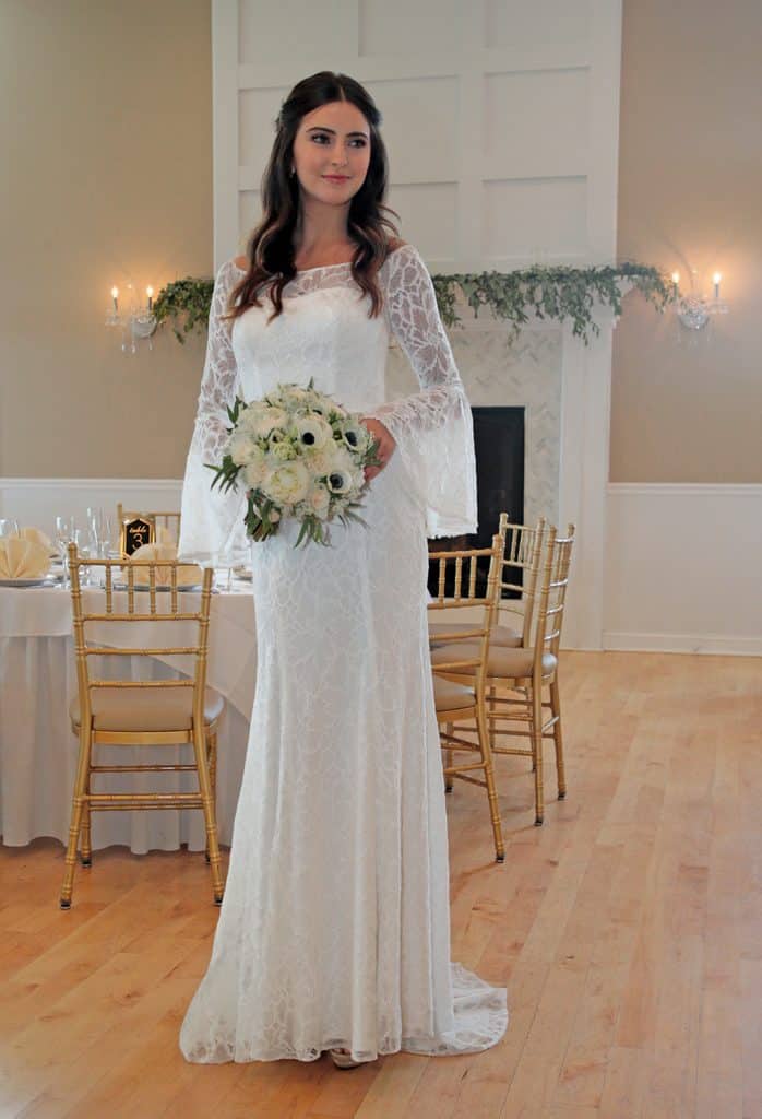 Gown: Galina (WG3949, $499) at David's Bridal. Bouquet: Mitch Kolby Events.