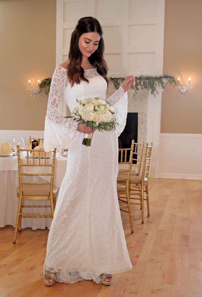 Gown: Galina (WG3949, $499) at David's Bridal. Bouquet: Mitch Kolby Events.