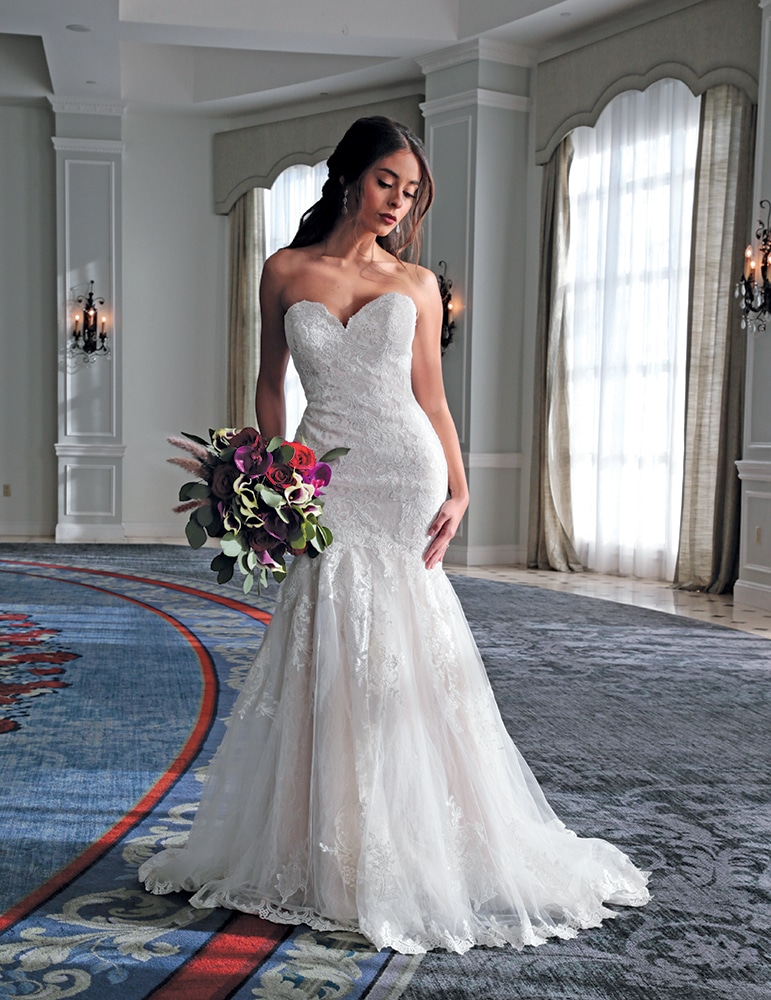 Gown: David's Bridal (WG3988, $899). Bouquet: Douglas Koch Designs Ltd.
