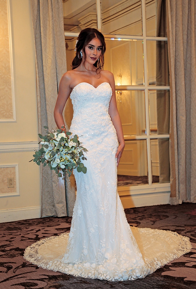 Gown: Dovita Bridal (Florida, $2500; train $500) at Bossina Couture. Bouquet: Douglas Koch Designs Ltd.