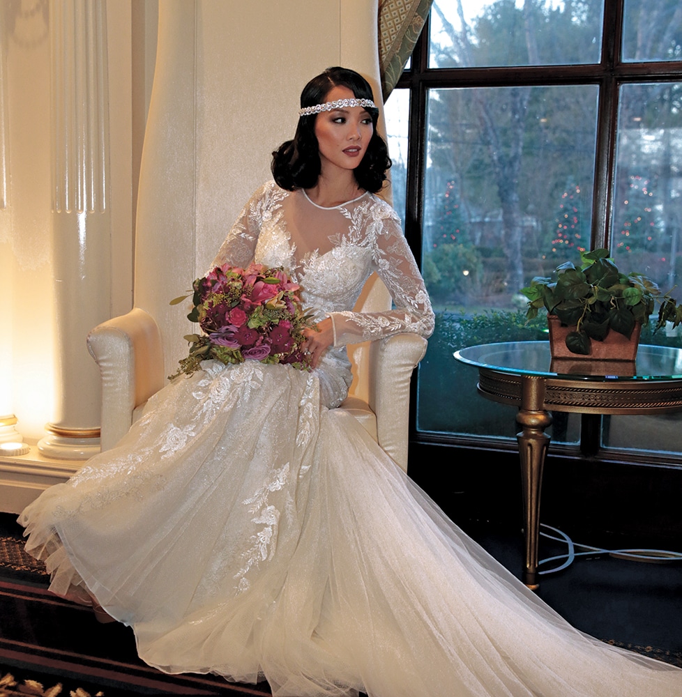 Gown: Oleg Cassini (CWG844, $1399) at David's Bridal. Bouquet: Henry's Florist Floral Decorators.