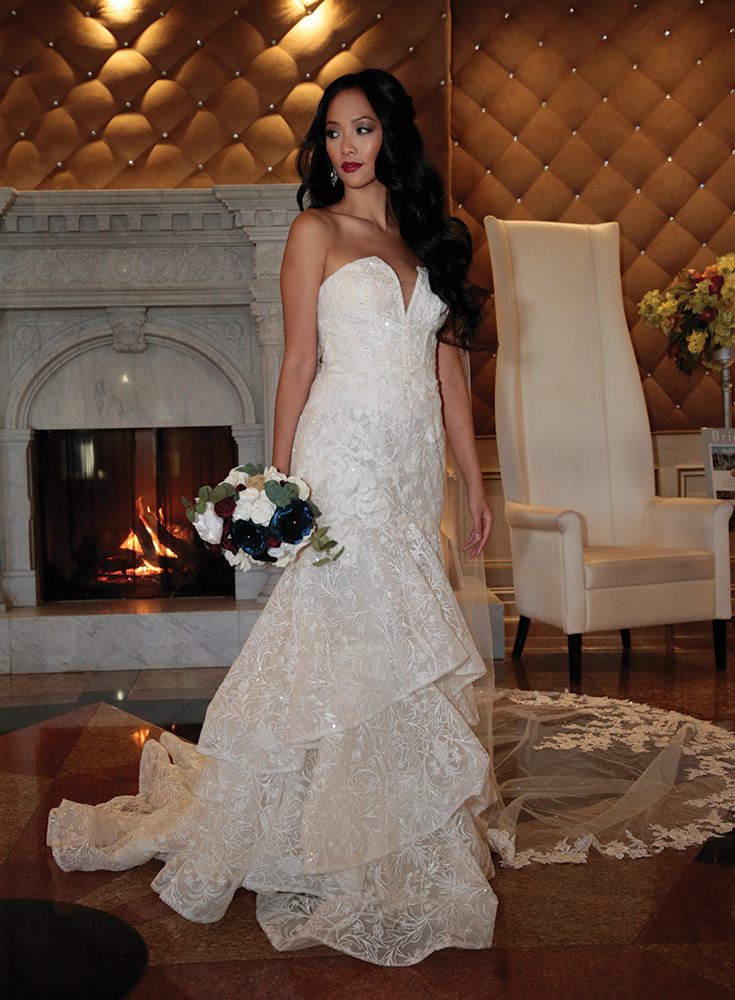 Gown: Oleg Cassini (CWG846, $1499) at David's Bridal. Bouquet: Forever Brooch Bouquets.