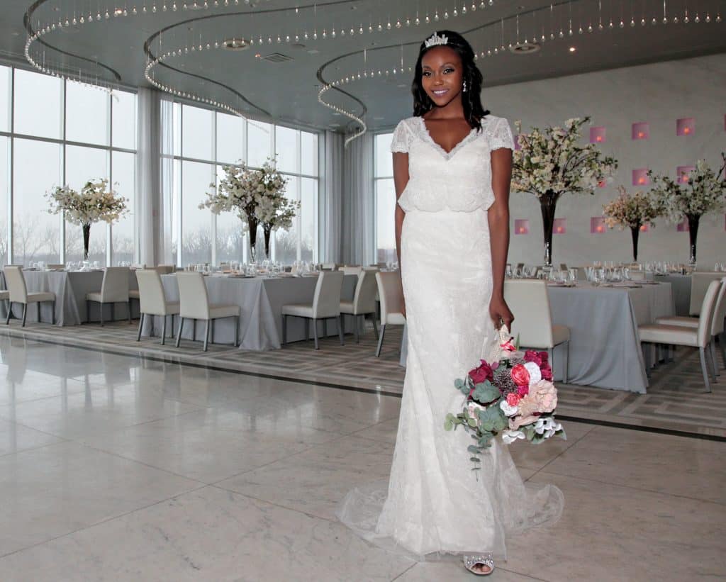 Gown: Melissa Sweet (MS251193, $1258) at David's Bridal. Bouquet: Forever Brooch Bouquets.