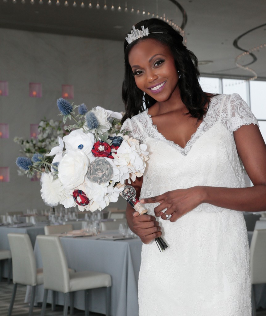 Gown: Melissa Sweet (MS251193, $1258) at David's Bridal. Bouquet: Forever Brooch Bouquets.